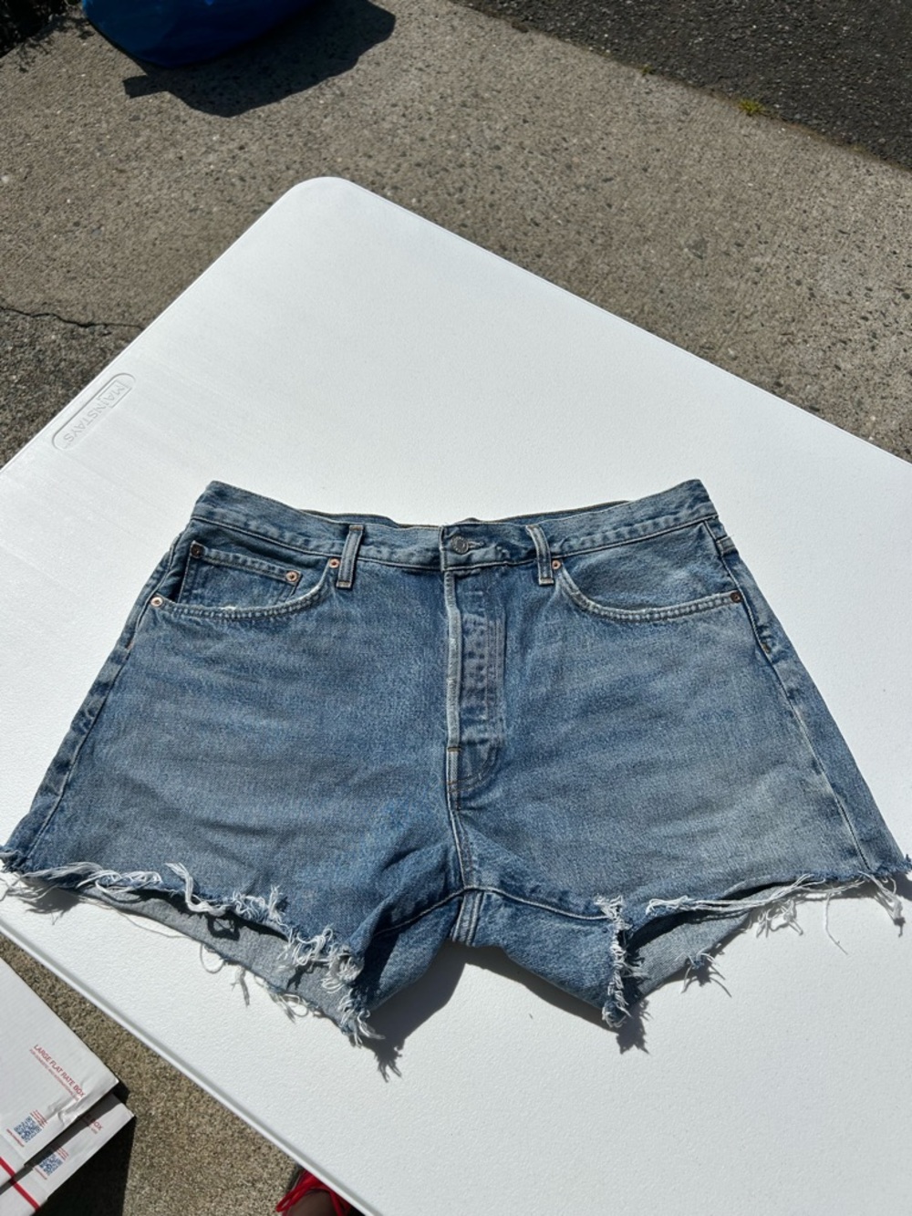 AGOLDE Light Blue High-Rise Cutoff Denim Shorts